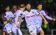 15 September 2023; Krystian Nowak of Bohemians, centre, celebrates after scoring his side's first goal during the Sports Direct Men’s FAI Cup quarter-final match between Drogheda United and Bohemians at Weavers Park in Drogheda, Louth. Photo by Seb Daly/Sportsfile