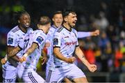 15 September 2023; Krystian Nowak of Bohemians, right, celebrates after scoring his side's first goal during the Sports Direct Men’s FAI Cup quarter-final match between Drogheda United and Bohemians at Weavers Park in Drogheda, Louth. Photo by Seb Daly/Sportsfile