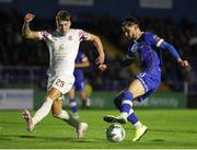 15 September 2023; Conor Parsons of Waterford  in action against Tiernan O'Brien of Cobh Ramblers during the SSE Airtricity Men's First Division match between Waterford and Cobh Ramblers at RSC in Waterford. Photo by Michael P Ryan/Sportsfile