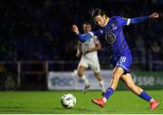 15 September 2023; Cameron Cresswell of Waterford has a shot on goal during the SSE Airtricity Men's First Division match between Waterford and Cobh Ramblers at RSC in Waterford. Photo by Michael P Ryan/Sportsfile