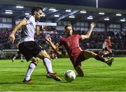 15 September 2023; Patrick Hoban of Dundalk in action against Rob Slevin of Galway United during the Sports Direct Men’s FAI Cup quarter-final match between Galway United and Dundalk at Eamonn Deacy Park in Galway. Photo by John Sheridan/Sportsfile