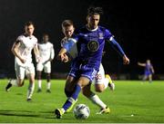 15 September 2023; Conor Parsons of Waterford in action against Jason Abbott of Cobh Ramblers during the SSE Airtricity Men's First Division match between Waterford and Cobh Ramblers at RSC in Waterford. Photo by Michael P Ryan/Sportsfile