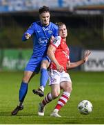 15 September 2023; Jay McGrath of St Patrick's Athletic is tackled by Patrick Ferry of Finn Harps during the Sports Direct Men’s FAI Cup quarter-final match between Finn Harps and St Patrick's Athletic at Finn Park in Ballybofey, Donegal. Photo by Ramsey Cardy/Sportsfile