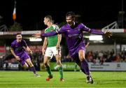 15 September 2023; Aaron Dobbs of Wexford celebrates after scoring his side's first goal during the Sports Direct Men’s FAI Cup quarter final match between Cork City and Wexford at Turner's Cross in Cork. Photo by Eóin Noonan/Sportsfile