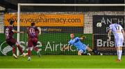 15 September 2023; Bohemians goalkeeper James Talbot fails to save the penalty of Ryan Brennan of Drogheda United during the Sports Direct Men’s FAI Cup quarter-final match between Drogheda United and Bohemians at Weavers Park in Drogheda, Louth. Photo by Seb Daly/Sportsfile