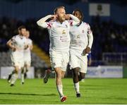 15 September 2023; Jack Doherty of Cobh Ramblers celebrates after scoring his side's first goal, a penalty, during the SSE Airtricity Men's First Division match between Waterford and Cobh Ramblers at RSC in Waterford. Photo by Michael P Ryan/Sportsfile