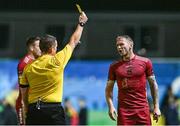 15 September 2023; Stephen Walsh of Galway United receives a yellow card from referee David Dunne during the Sports Direct Men’s FAI Cup quarter-final match between Galway United and Dundalk at Eamonn Deacy Park in Galway. Photo by Ben McShane/Sportsfile