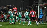 15 September 2023; Cameron McJannet of Derry City heads to score his side's first goal during the SSE Airtricity Men's Premier Division match between Derry City and Shamrock Rovers at The Ryan McBride Brandywell Stadium in Derry. Photo by Stephen McCarthy/Sportsfile