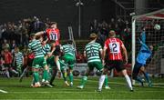 15 September 2023; Cameron McJannet of Derry City heads to score his side's first goal during the SSE Airtricity Men's Premier Division match between Derry City and Shamrock Rovers at The Ryan McBride Brandywell Stadium in Derry. Photo by Stephen McCarthy/Sportsfile