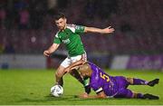 15 September 2023; Aaron Bolger of Cork City in action against Ethan Boyle of Wexford during the Sports Direct Men’s FAI Cup quarter final match between Cork City and Wexford at Turner's Cross in Cork. Photo by Eóin Noonan/Sportsfile