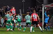 15 September 2023; Cameron McJannet of Derry City heads to score his side's first goals during the SSE Airtricity Men's Premier Division match between Derry City and Shamrock Rovers at The Ryan McBride Brandywell Stadium in Derry. Photo by Stephen McCarthy/Sportsfile