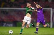 15 September 2023; Conor Drinan of Cork City in action against Kian Corbally of Wexford during the Sports Direct Men’s FAI Cup quarter final match between Cork City and Wexford at Turner's Cross in Cork. Photo by Eóin Noonan/Sportsfile