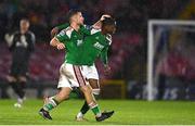 15 September 2023; Malik Dijksteel of Cork City, right, celebrates with team-mate Aaron Bolger after scoring their side's first goal during the Sports Direct Men’s FAI Cup quarter final match between Cork City and Wexford at Turner's Cross in Cork. Photo by Eóin Noonan/Sportsfile