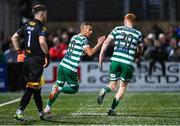 15 September 2023; Graham Burke of Shamrock Rovers, left, celebrates with team-mate Rory Gaffney after scoring their side's first goal during the SSE Airtricity Men's Premier Division match between Derry City and Shamrock Rovers at The Ryan McBride Brandywell Stadium in Derry. Photo by Stephen McCarthy/Sportsfile