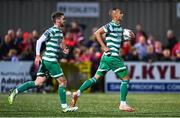 15 September 2023; Graham Burke of Shamrock Rovers, right, celebrates with team-mate Dylan Watts after scoring their side's first goal during the SSE Airtricity Men's Premier Division match between Derry City and Shamrock Rovers at The Ryan McBride Brandywell Stadium in Derry. Photo by Stephen McCarthy/Sportsfile