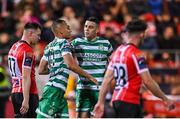 15 September 2023; Graham Burke of Shamrock Rovers, left, celebrates with team-mate Gary O'Neill after scoring their side's first goal during the SSE Airtricity Men's Premier Division match between Derry City and Shamrock Rovers at The Ryan McBride Brandywell Stadium in Derry. Photo by Stephen McCarthy/Sportsfile