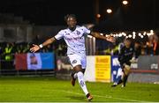 15 September 2023; Jonathan Afolabi of Bohemians celebrates after scoring his side's third goal, a penalty, during the Sports Direct Men’s FAI Cup quarter-final match between Drogheda United and Bohemians at Weavers Park in Drogheda, Louth. Photo by Seb Daly/Sportsfile