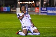 15 September 2023; Jonathan Afolabi of Bohemians celebrates after scoring his side's third goal, a penalty, during the Sports Direct Men’s FAI Cup quarter-final match between Drogheda United and Bohemians at Weavers Park in Drogheda, Louth. Photo by Seb Daly/Sportsfile