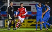 15 September 2023; Tommy Lonergan of St Patrick's Athletic celebrates after scoring his side's second goal during the Sports Direct Men’s FAI Cup quarter-final match between Finn Harps and St Patrick's Athletic at Finn Park in Ballybofey, Donegal. Photo by Ramsey Cardy/Sportsfile