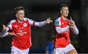 15 September 2023; Tommy Lonergan of St Patrick's Athletic, right, celebrates with Chris Forrester after scoring their side's second goal during the Sports Direct Men’s FAI Cup quarter-final match between Finn Harps and St Patrick's Athletic at Finn Park in Ballybofey, Donegal. Photo by Ramsey Cardy/Sportsfile