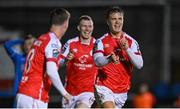 15 September 2023; Tommy Lonergan of St Patrick's Athletic celebrates after scoring his side's second goal during the Sports Direct Men’s FAI Cup quarter-final match between Finn Harps and St Patrick's Athletic at Finn Park in Ballybofey, Donegal. Photo by Ramsey Cardy/Sportsfile