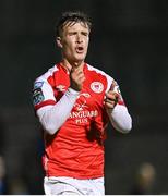 15 September 2023; Tommy Lonergan of St Patrick's Athletic celebrates after scoring his side's second goal during the Sports Direct Men’s FAI Cup quarter-final match between Finn Harps and St Patrick's Athletic at Finn Park in Ballybofey, Donegal. Photo by Ramsey Cardy/Sportsfile