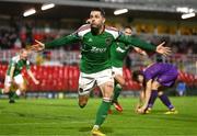 15 September 2023; Ruairi Keating of Cork City celebrates after scoring his side's second goal during the Sports Direct Men’s FAI Cup quarter final match between Cork City and Wexford at Turner's Cross in Cork. Photo by Eóin Noonan/Sportsfile