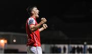 15 September 2023; Joe Redmond of St Patrick's Athletic celebrates his side's second goal, scored by Tommy Lonergan, during the Sports Direct Men’s FAI Cup quarter-final match between Finn Harps and St Patrick's Athletic at Finn Park in Ballybofey, Donegal. Photo by Ramsey Cardy/Sportsfile