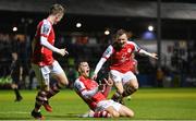 15 September 2023; Tommy Lonergan of St Patrick's Athletic celebrates after scoring his side's second goal during the Sports Direct Men’s FAI Cup quarter-final match between Finn Harps and St Patrick's Athletic at Finn Park in Ballybofey, Donegal. Photo by Ramsey Cardy/Sportsfile