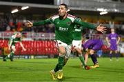 15 September 2023; Ruairi Keating of Cork City celebrates after scoring his side's second goal during the Sports Direct Men’s FAI Cup quarter final match between Cork City and Wexford at Turner's Cross in Cork. Photo by Eóin Noonan/Sportsfile
