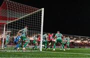 15 September 2023; Michael Duffy of Derry City, 7, has a shot on goal during the SSE Airtricity Men's Premier Division match between Derry City and Shamrock Rovers at The Ryan McBride Brandywell Stadium in Derry. Photo by Stephen McCarthy/Sportsfile