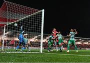 15 September 2023; Cameron McJannet of Derry City heads to score his side's first goal during the SSE Airtricity Men's Premier Division match between Derry City and Shamrock Rovers at The Ryan McBride Brandywell Stadium in Derry. Photo by Stephen McCarthy/Sportsfile Photo by Stephen McCarthy/Sportsfile