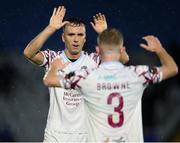 15 September 2023; Charlie Lyons of Cobh Ramblers celebrates with team-mate Cian Browne after the SSE Airtricity Men's First Division match between Waterford and Cobh Ramblers at RSC in Waterford. Photo by Michael P Ryan/Sportsfile