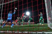 15 September 2023; Cameron McJannet of Derry City heads to score his side's first goal during the SSE Airtricity Men's Premier Division match between Derry City and Shamrock Rovers at The Ryan McBride Brandywell Stadium in Derry. Photo by Stephen McCarthy/Sportsfile Photo by Stephen McCarthy/Sportsfile