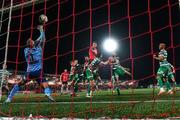 15 September 2023; Cameron McJannet of Derry City heads to score his side's first goal during the SSE Airtricity Men's Premier Division match between Derry City and Shamrock Rovers at The Ryan McBride Brandywell Stadium in Derry. Photo by Stephen McCarthy/Sportsfile