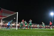 15 September 2023; Cameron McJannet of Derry City heads to score his side's first goal during the SSE Airtricity Men's Premier Division match between Derry City and Shamrock Rovers at The Ryan McBride Brandywell Stadium in Derry. Photo by Stephen McCarthy/Sportsfile
