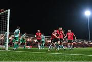 15 September 2023; Cameron McJannet of Derry City, second from right, celebrates after scoring his side's first goal during the SSE Airtricity Men's Premier Division match between Derry City and Shamrock Rovers at The Ryan McBride Brandywell Stadium in Derry. Photo by Stephen McCarthy/Sportsfile