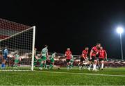 15 September 2023; Cameron McJannet of Derry City, second from right, celebrates after scoring his side's first goal during the SSE Airtricity Men's Premier Division match between Derry City and Shamrock Rovers at The Ryan McBride Brandywell Stadium in Derry. Photo by Stephen McCarthy/Sportsfile