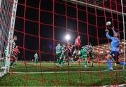 15 September 2023; Cameron McJannet of Derry City, 17, heads to score his side's first goal during the SSE Airtricity Men's Premier Division match between Derry City and Shamrock Rovers at The Ryan McBride Brandywell Stadium in Derry. Photo by Stephen McCarthy/Sportsfile