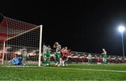 15 September 2023; Cameron McJannet of Derry City, left, celebrates with team-mate Danny Mullen after scoring his side's first goal during the SSE Airtricity Men's Premier Division match between Derry City and Shamrock Rovers at The Ryan McBride Brandywell Stadium in Derry. Photo by Stephen McCarthy/Sportsfile