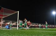 15 September 2023; Cameron McJannet of Derry City, left, celebrates with team-mate Danny Mullen after scoring his side's first goal during the SSE Airtricity Men's Premier Division match between Derry City and Shamrock Rovers at The Ryan McBride Brandywell Stadium in Derry. Photo by Stephen McCarthy/Sportsfile