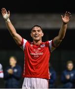 15 September 2023; Anto Breslin of St Patrick's Athletic celebrates after the Sports Direct Men’s FAI Cup quarter-final match between Finn Harps and St Patrick's Athletic at Finn Park in Ballybofey, Donegal. Photo by Ramsey Cardy/Sportsfile