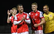 15 September 2023; Tommy Lonergan, left, and Jay McGrath of St Patrick's Athletic celebrate after the Sports Direct Men’s FAI Cup quarter-final match between Finn Harps and St Patrick's Athletic at Finn Park in Ballybofey, Donegal. Photo by Ramsey Cardy/Sportsfile
