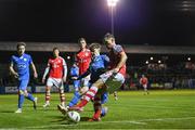 15 September 2023; Anto Breslin of St Patrick's Athletic is tackled by Sean O’Donnell of Finn Harps during the Sports Direct Men’s FAI Cup quarter-final match between Finn Harps and St Patrick's Athletic at Finn Park in Ballybofey, Donegal. Photo by Ramsey Cardy/Sportsfile