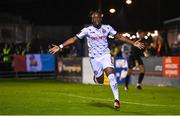 15 September 2023; Jonathan Afolabi of Bohemians celebrates after scoring his side's third goal during the Sports Direct Men’s FAI Cup quarter-final match between Drogheda United and Bohemians at Weavers Park in Drogheda, Louth. Photo by Seb Daly/Sportsfile