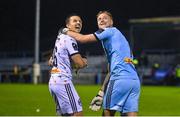 15 September 2023; Bohemians players Keith Buckley, left, and goalkeeper James Talbot after their side's victory in the Sports Direct Men’s FAI Cup quarter-final match between Drogheda United and Bohemians at Weavers Park in Drogheda, Louth. Photo by Seb Daly/Sportsfile