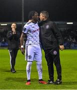 15 September 2023; Bohemians manager Declan Devine, right, and Jonathan Afolabi after their side's victory in the Sports Direct Men’s FAI Cup quarter-final match between Drogheda United and Bohemians at Weavers Park in Drogheda, Louth. Photo by Seb Daly/Sportsfile