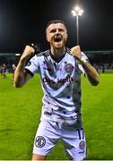 15 September 2023; Adam McDonnell of Bohemians celebrates his side's third goal, scored by teammate Jonathan Afolabi, not pictured, during the Sports Direct Men’s FAI Cup quarter-final match between Drogheda United and Bohemians at Weavers Park in Drogheda, Louth. Photo by Seb Daly/Sportsfile