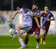 15 September 2023; James Clarke of Bohemians in action against Gary Deegan of Drogheda United during the Sports Direct Men’s FAI Cup quarter-final match between Drogheda United and Bohemians at Weavers Park in Drogheda, Louth. Photo by Seb Daly/Sportsfile