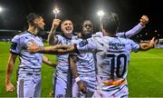 15 September 2023; Jonathan Afolabi of Bohemians, centre, celebrates with teammates after scoring their side's second goal during the Sports Direct Men’s FAI Cup quarter-final match between Drogheda United and Bohemians at Weavers Park in Drogheda, Louth. Photo by Seb Daly/Sportsfile